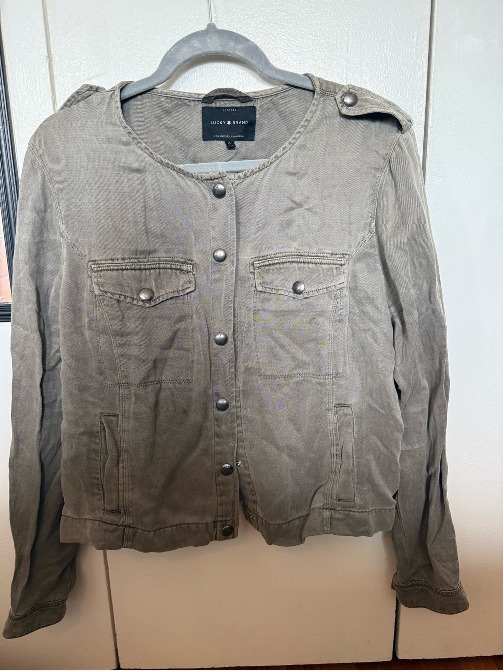 Lucky Brand Washed Olive Utility Button-Front Jacket